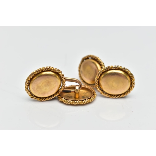 45 - A PAIR OF LATE 19TH CENTURY GOLD CUFFLINKS, face and back designed as a polished oval with rope deta... 