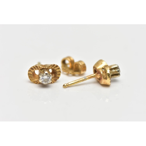 47 - A PAIR OF DIAMOND EARRINGS, a pair of yellow metal stud earrings, each earring prong set with a sing... 