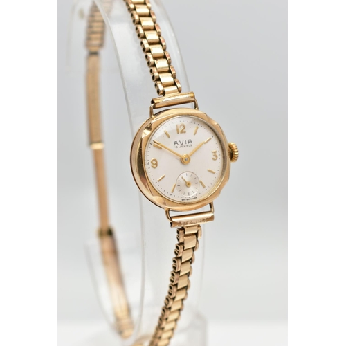 49 - A 9CT GOLD 'AVIA' WRISTWATCH, a hand wound movement, round white dial signed 'Avia' 15 jewels, Arabi... 