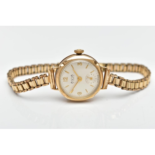 49 - A 9CT GOLD 'AVIA' WRISTWATCH, a hand wound movement, round white dial signed 'Avia' 15 jewels, Arabi... 