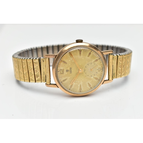 50 - A 9CT GOLD 'TUDOR' WRISTWATCH, a hand wound movement, round dial signed 'Tudor', Arabic twelve and s... 