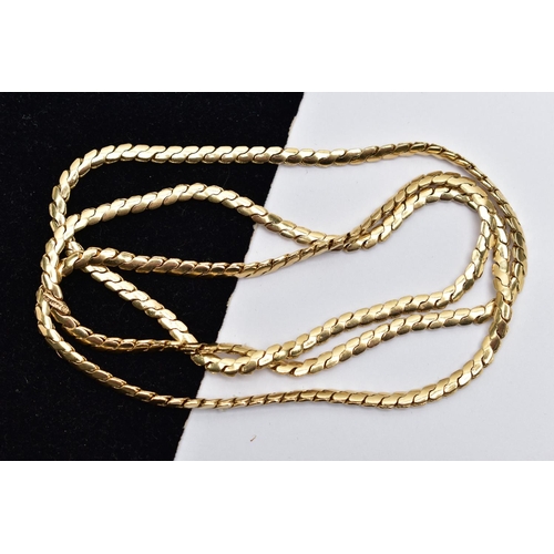 52 - A YELLOW METAL NECKLACE, snake link chain, stamped 14k, approximate width of chain 3.3mm, length 670... 