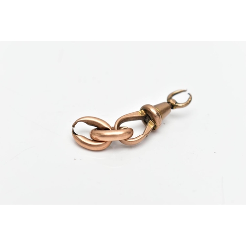 54 - A YELLOW METAL LOBSTER CLASP, a yellow metal clasp with a rose tone, stamped 9ct, suspending two cur... 