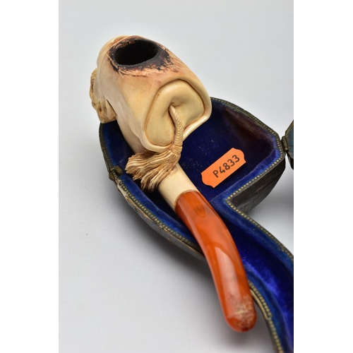 57 - A MEERSCHAUM SMOKING PIPE, a carved meerschaum smoking pipe depicting a bearded man's face, possibly... 