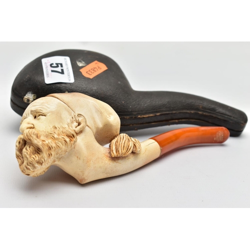 57 - A MEERSCHAUM SMOKING PIPE, a carved meerschaum smoking pipe depicting a bearded man's face, possibly... 