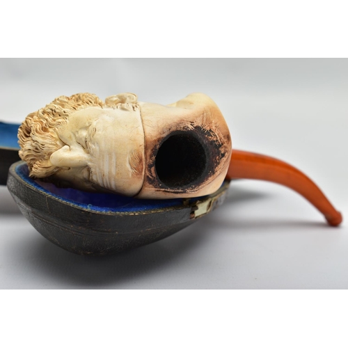 57 - A MEERSCHAUM SMOKING PIPE, a carved meerschaum smoking pipe depicting a bearded man's face, possibly... 