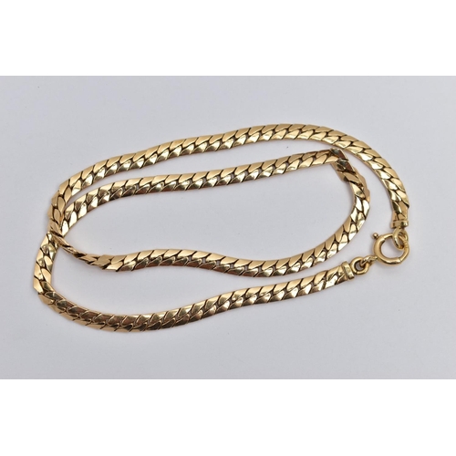 59 - A YELLOW METAL CHAIN NECKLACE, a flat curb link chain necklace, fitted with a large spring clasp, ap... 