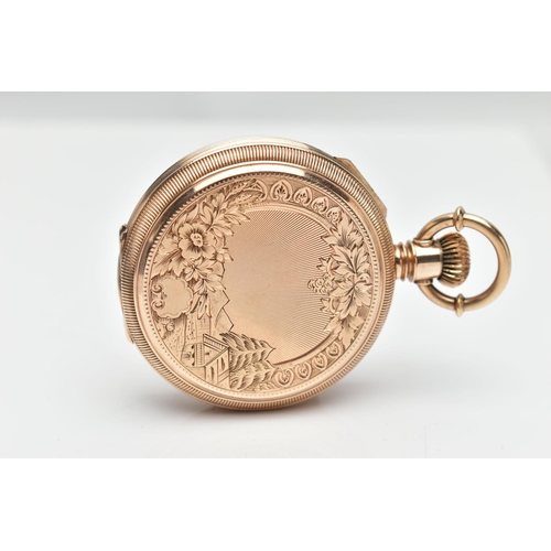 6 - AN EARLY 20TH CENTURY 18CT GOLD ELGIN POCKET WATCH, keyless wind, outer case with engraved scene to ... 