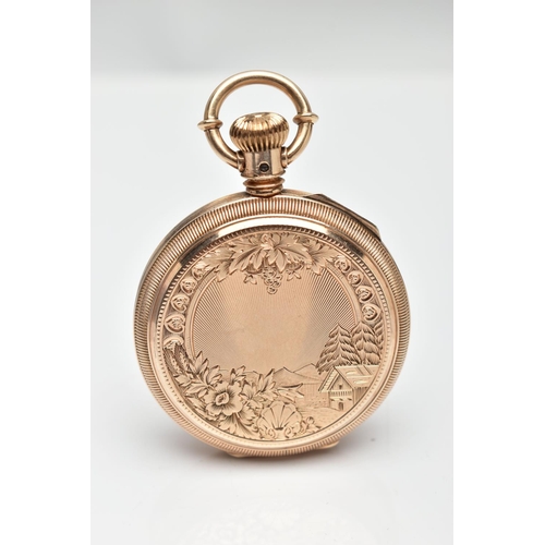 6 - AN EARLY 20TH CENTURY 18CT GOLD ELGIN POCKET WATCH, keyless wind, outer case with engraved scene to ... 