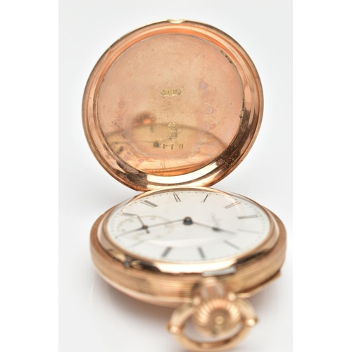 6 - AN EARLY 20TH CENTURY 18CT GOLD ELGIN POCKET WATCH, keyless wind, outer case with engraved scene to ... 