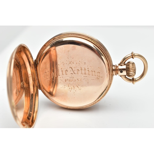 6 - AN EARLY 20TH CENTURY 18CT GOLD ELGIN POCKET WATCH, keyless wind, outer case with engraved scene to ... 