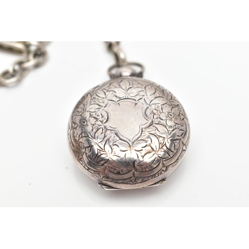 67 - A SILVER SOVEREIGN CASE AND ALBERT CHAIN, circular sovereign case decorated with a floral and foliat... 