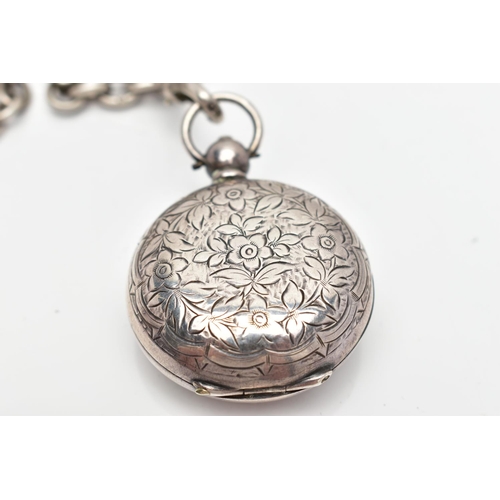 67 - A SILVER SOVEREIGN CASE AND ALBERT CHAIN, circular sovereign case decorated with a floral and foliat... 