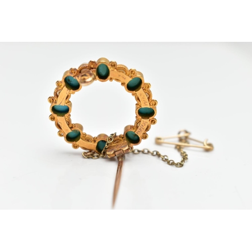 7 - A YELLOW METAL TURQUOISE AND CULTURED PEARL BROOCH, of circular wreath design, set with alternating ... 