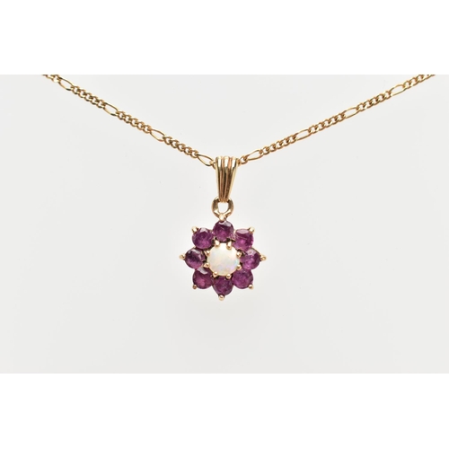 75 - A 9CT GOLD GEMSET PENDANT AND CHAIN, the flower pendant set with a central, eight claw set, opal cab... 