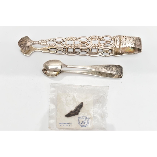 79 - TWO PAIRS OF SILVER SUGAR TONGS AND A PIN BADGE, the first a small pair of polished sugar tongs, hal... 