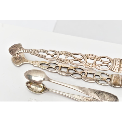 79 - TWO PAIRS OF SILVER SUGAR TONGS AND A PIN BADGE, the first a small pair of polished sugar tongs, hal... 