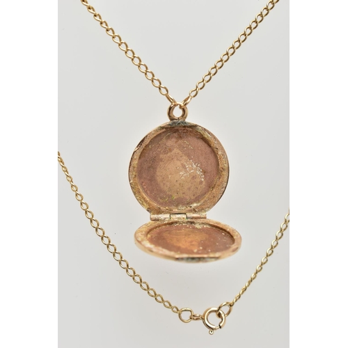 8 - A 9CT YELLOW GOLD LOCKET AND CHAIN, the circular locket with scrolling engraved detail, hallmarked 9... 