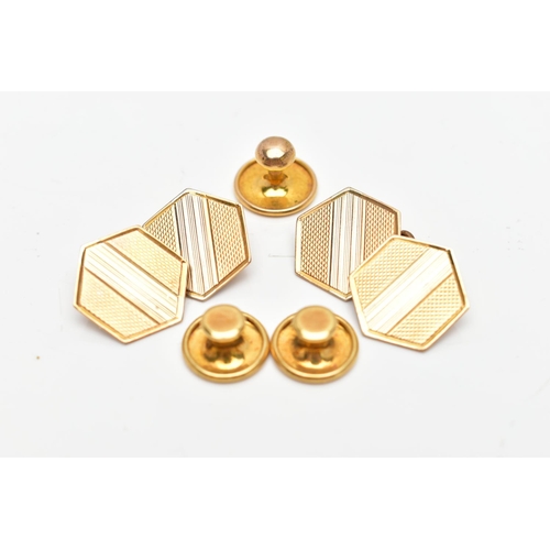 81 - A PAIR OF 18CT GOLD DRESS STUDS AND 9CT GOLD CUFFLINKS, two plain polished yellow gold dress studs, ... 