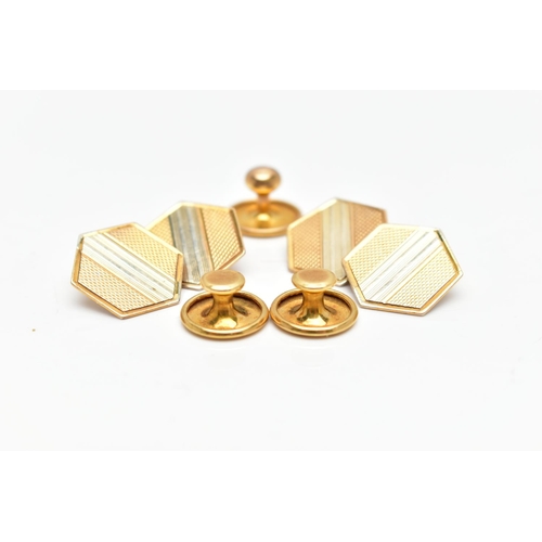 81 - A PAIR OF 18CT GOLD DRESS STUDS AND 9CT GOLD CUFFLINKS, two plain polished yellow gold dress studs, ... 