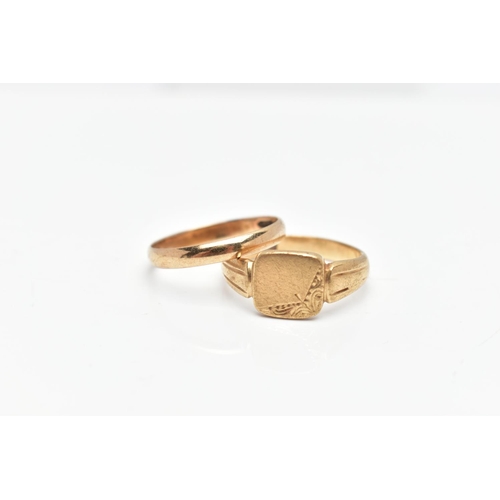 84 - TWO 9CT GOLD RINGS, the first a yellow gold square signet ring, detailed with foliage engraving, lea... 