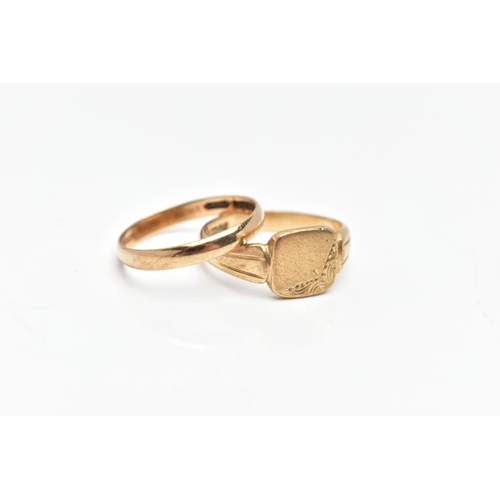 84 - TWO 9CT GOLD RINGS, the first a yellow gold square signet ring, detailed with foliage engraving, lea... 