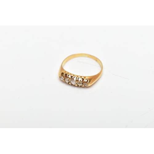 89 - AN 18CT GOLD DIAMOND RING, a yellow gold boat ring, set with five old cut diamonds in a prong settin... 