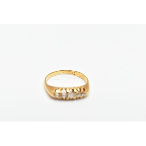 89 - AN 18CT GOLD DIAMOND RING, a yellow gold boat ring, set with five old cut diamonds in a prong settin... 