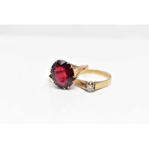 90 - A 9CT GOLD DIAMOND RING AND YELLOW METAL GARNET RING, a single stone diamond ring, round brilliant c... 