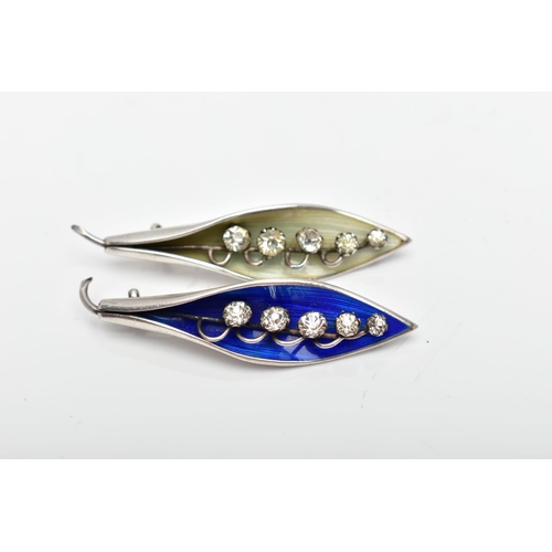 91 - TWO 'ARTHUR JOHNSON' SILVER, LILY OF THE VALLEY BROOCHES, the first decorated with blue guilloche en... 