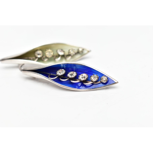 91 - TWO 'ARTHUR JOHNSON' SILVER, LILY OF THE VALLEY BROOCHES, the first decorated with blue guilloche en... 