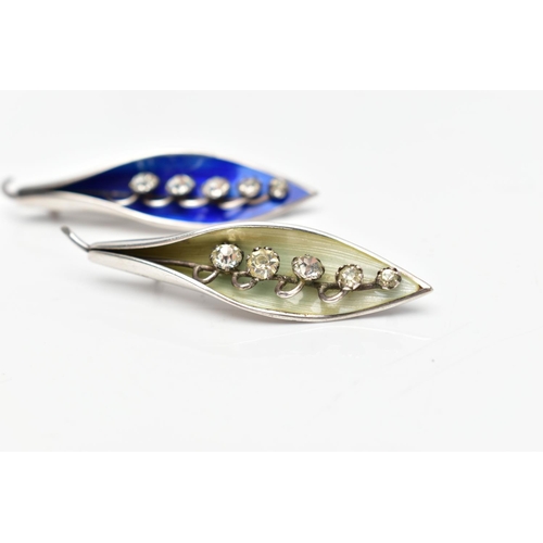 91 - TWO 'ARTHUR JOHNSON' SILVER, LILY OF THE VALLEY BROOCHES, the first decorated with blue guilloche en... 