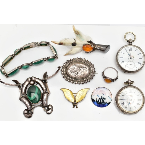 92 - ASSORTED WHITE METAL JEWELLERY AND TWO POCKET WATCHES, the first a 'David Andersen' silver and ename... 