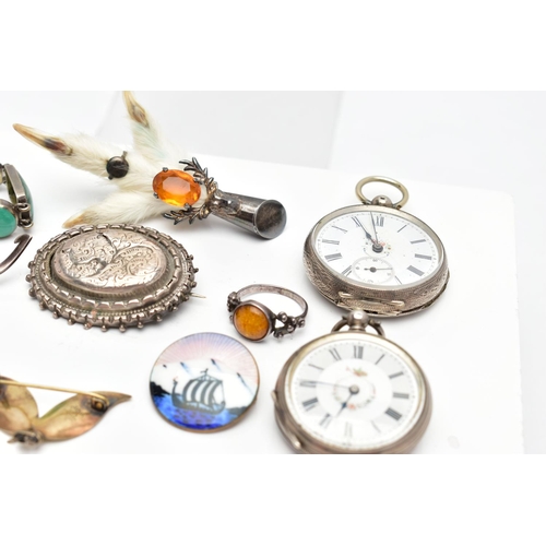 92 - ASSORTED WHITE METAL JEWELLERY AND TWO POCKET WATCHES, the first a 'David Andersen' silver and ename... 