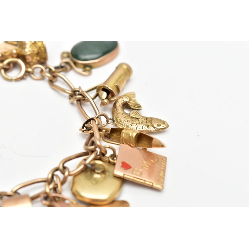 93 - A 9CT GOLD CHARM BRACELET SUSPENDING TWENTY FOUR CHARMS, the fancy link chain with lobster clasp, pa... 