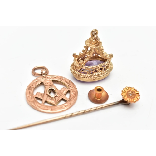 96 - AN ASSORTMENT OF GOLD AND YELLOW METAL JEWELLERY, to include an Edwardian 15ct gold dress stud, hall... 