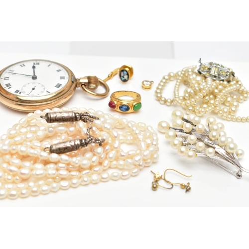 99 - A SELECTION OF MAINLY COSTUME JEWELLERY AND A GOLD PLATED POCKET WATCH, to include a yellow metal mo... 