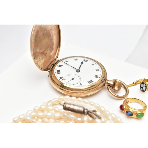 99 - A SELECTION OF MAINLY COSTUME JEWELLERY AND A GOLD PLATED POCKET WATCH, to include a yellow metal mo... 