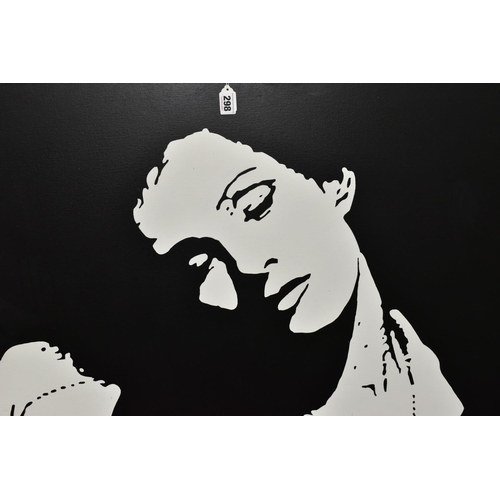 298 - A MONOCHROMATIC STENCIL PORTRAIT DEPICTING A FEMALE FIGURE, indistinctly signed and dated '05?, oil ... 