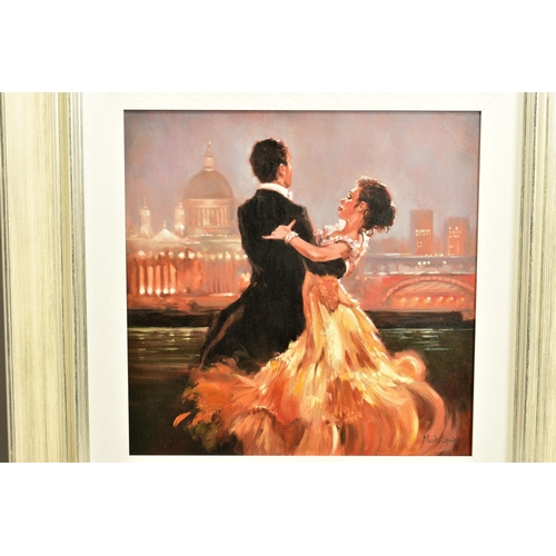 317 - MARK SPAIN (BRITISH CONTEMPORARY) 'LONDON WALTZ', male and female figures are dancing against a Lond... 