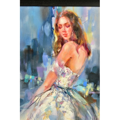 320 - ANNA RAZUMOVSKAYA (RUSSIAN CONTEMPORARY) 'CHARM OF SPRING I', a three quarter length portrait of a f... 