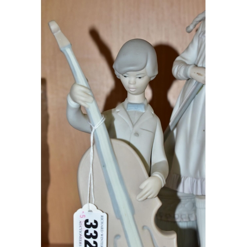 332 - TWO LLADRO FIGURINES WITH A MUSICAL THEME, in matt finish, comprising Boy With Double Bass 4615, des... 