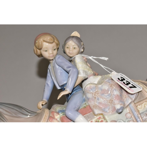 337 - A LLADRO 'VALENCIAN CHILDREN' FIGURE GROUP, number 1489, depicting two children riding a horse, scul... 