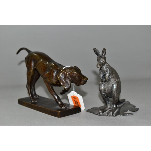 340 - A BRONZE GUNDOG FIGURE AND A PLATED KANGAROO, comprising a bronze figure of a working pointer, stand... 