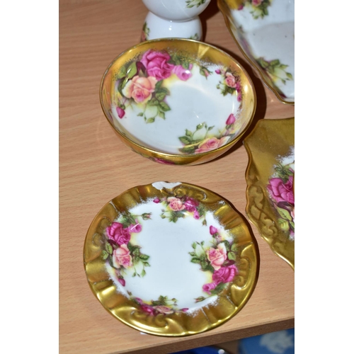 343 - EIGHT PIECES OF ROYAL CHELSEA GOLDEN ROSE PATTERN TEA WARES, comprising a teapot, a sandwich plate, ... 