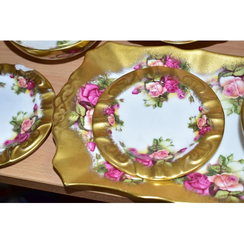 343 - EIGHT PIECES OF ROYAL CHELSEA GOLDEN ROSE PATTERN TEA WARES, comprising a teapot, a sandwich plate, ... 