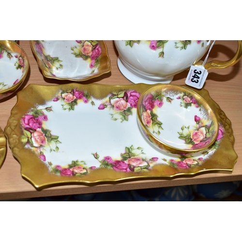 343 - EIGHT PIECES OF ROYAL CHELSEA GOLDEN ROSE PATTERN TEA WARES, comprising a teapot, a sandwich plate, ... 