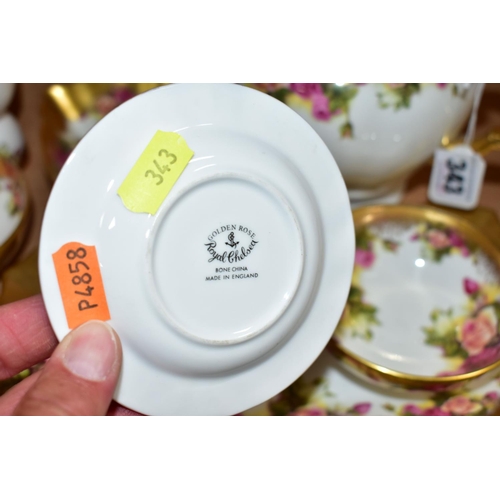 343 - EIGHT PIECES OF ROYAL CHELSEA GOLDEN ROSE PATTERN TEA WARES, comprising a teapot, a sandwich plate, ... 