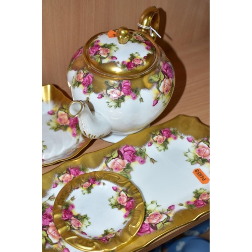 343 - EIGHT PIECES OF ROYAL CHELSEA GOLDEN ROSE PATTERN TEA WARES, comprising a teapot, a sandwich plate, ... 