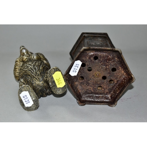 344 - TWO LATE 19TH/EARLY 20TH CENTURY METAL MONEY BOXES / BANKS, comprising a cast iron hexagonal post bo... 